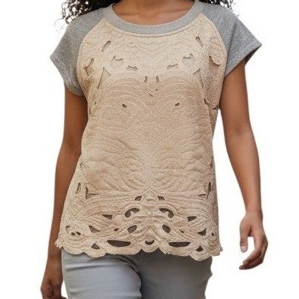 ANTHROPOLOGIE SATURDAY SUNDAY Millie Mixed Media Laser Cut Quilted Top EUC Small